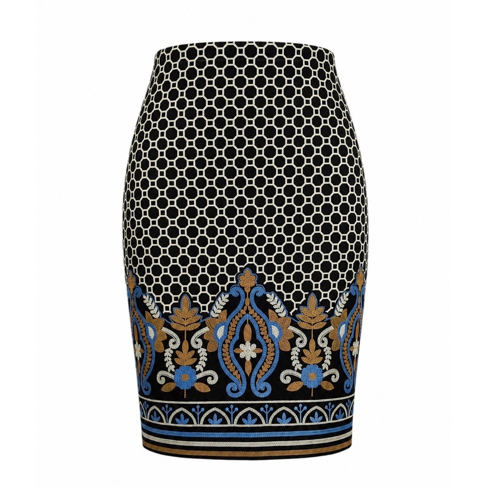 J. McLaughlin Size 4 Black Embroidered Border Print Pencil Skirt Stretch